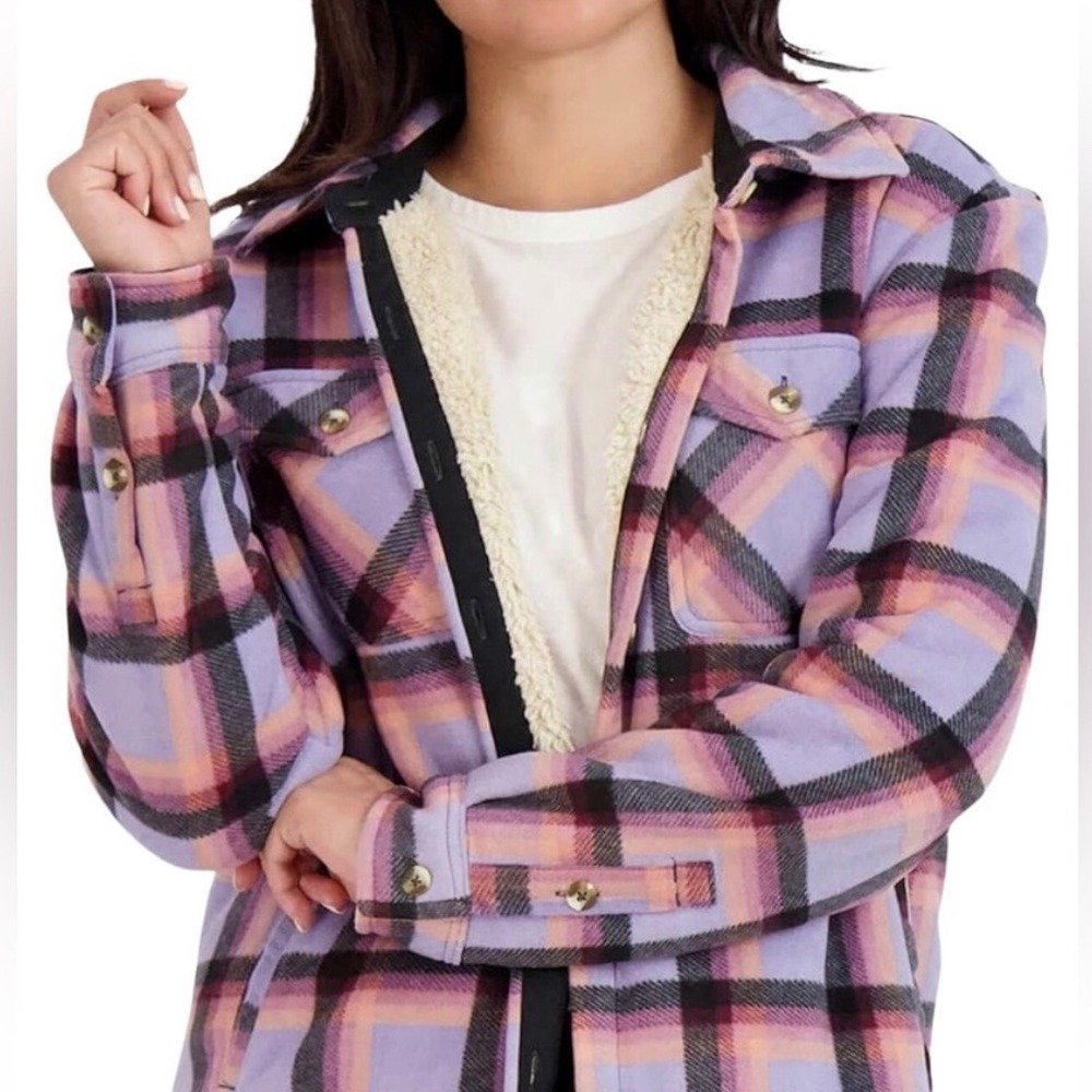 Sage Collection Purple Plaid Fleece Faux Fur Sherpa Shirt Jacket XXL Long Sleeve - Picture 3 of 12